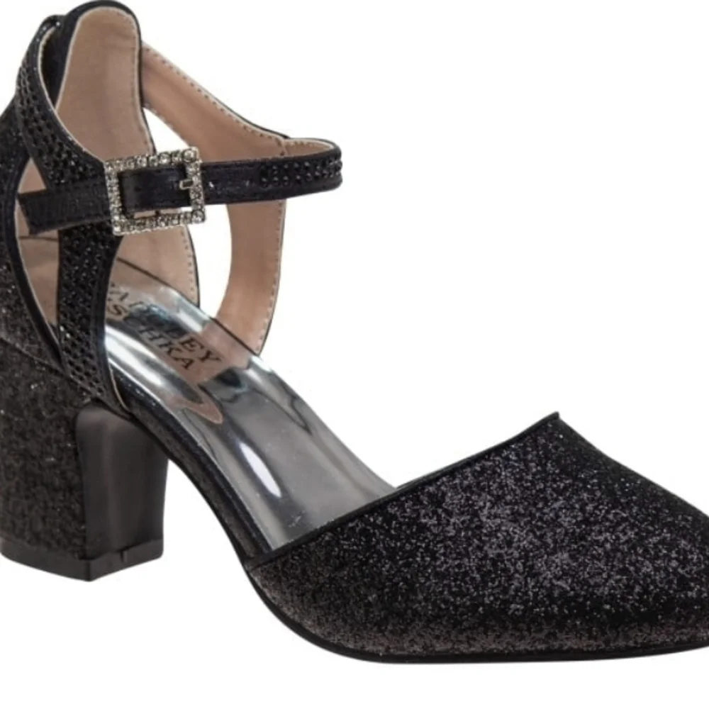 Badgley Mischka Girls' Black Glitter Ankle-Strap Block Heel